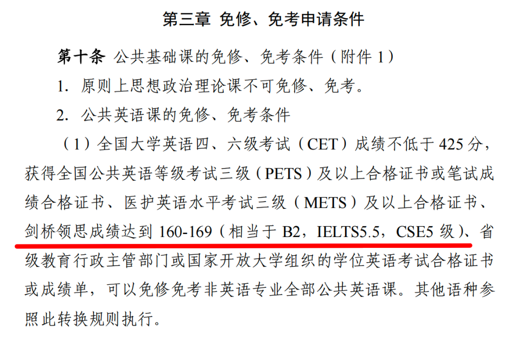 剑桥领思成绩达到160-169的学生，可免修免考非英语专业全部公共英语课程